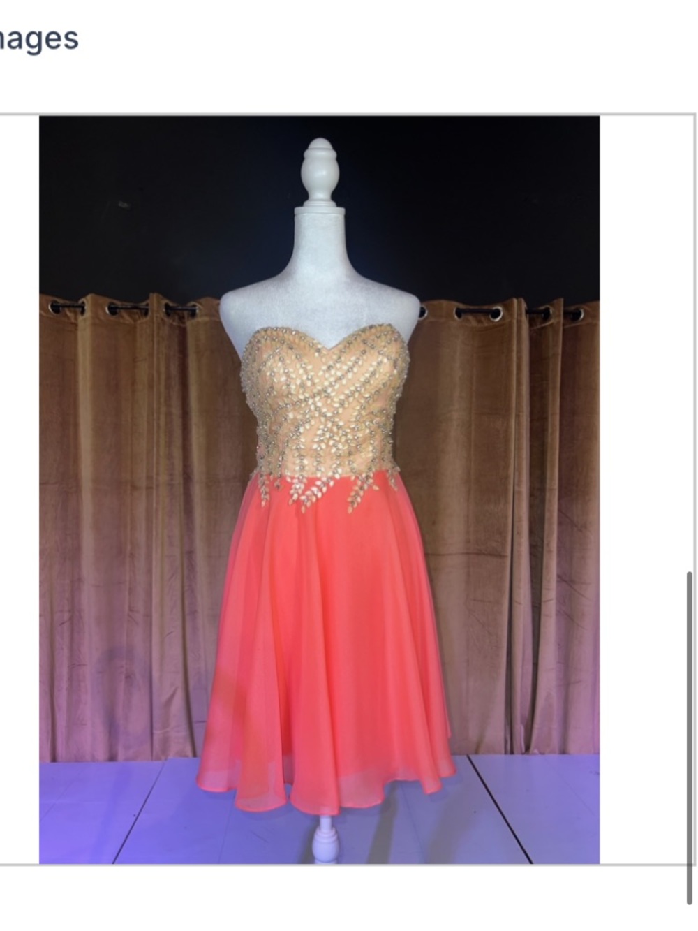Strapless Coral Chiffon Cocktail Dress with Gold Beaded Bodice